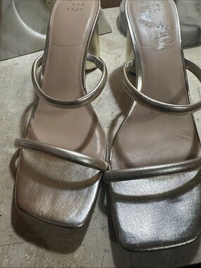 Metallic Gold Double-Strap Block Heel Sandals